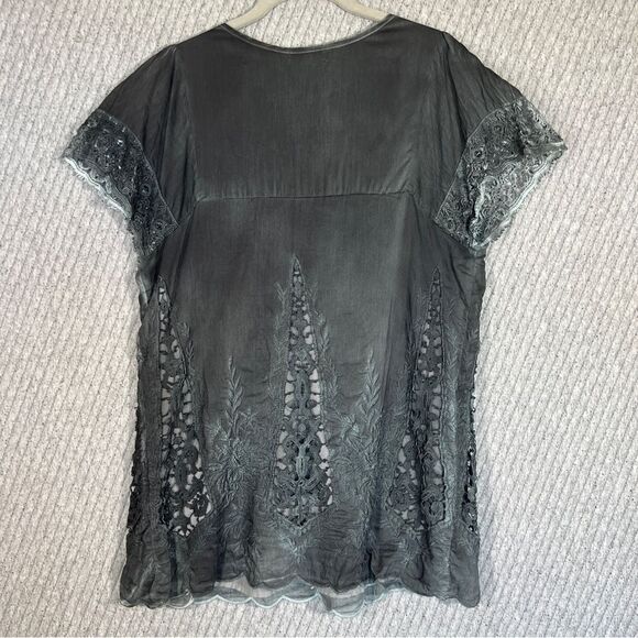 Sundance M Knit Lace Short Sleeve Top Blouse Tunic Sun Washed Grey Lightweight - Picture 8 of 16